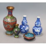 A pair of Chinese double gourd vases and three pieces of cloisonne ware tallest 23cm
