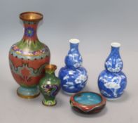 A pair of Chinese double gourd vases and three pieces of cloisonne ware tallest 23cm