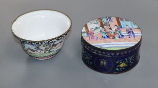 A 19th century Chinese Canton enamel box and cover and a similar bowl