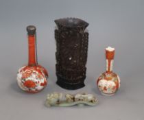 Two Japanese vases, a soapstone vase and a jade belt hook