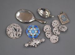 A set of six late Victorian silver buttons, one larger button, two white metal brooches including