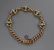 A Victorian 15ct curb link bracelet, mounted with turquoise