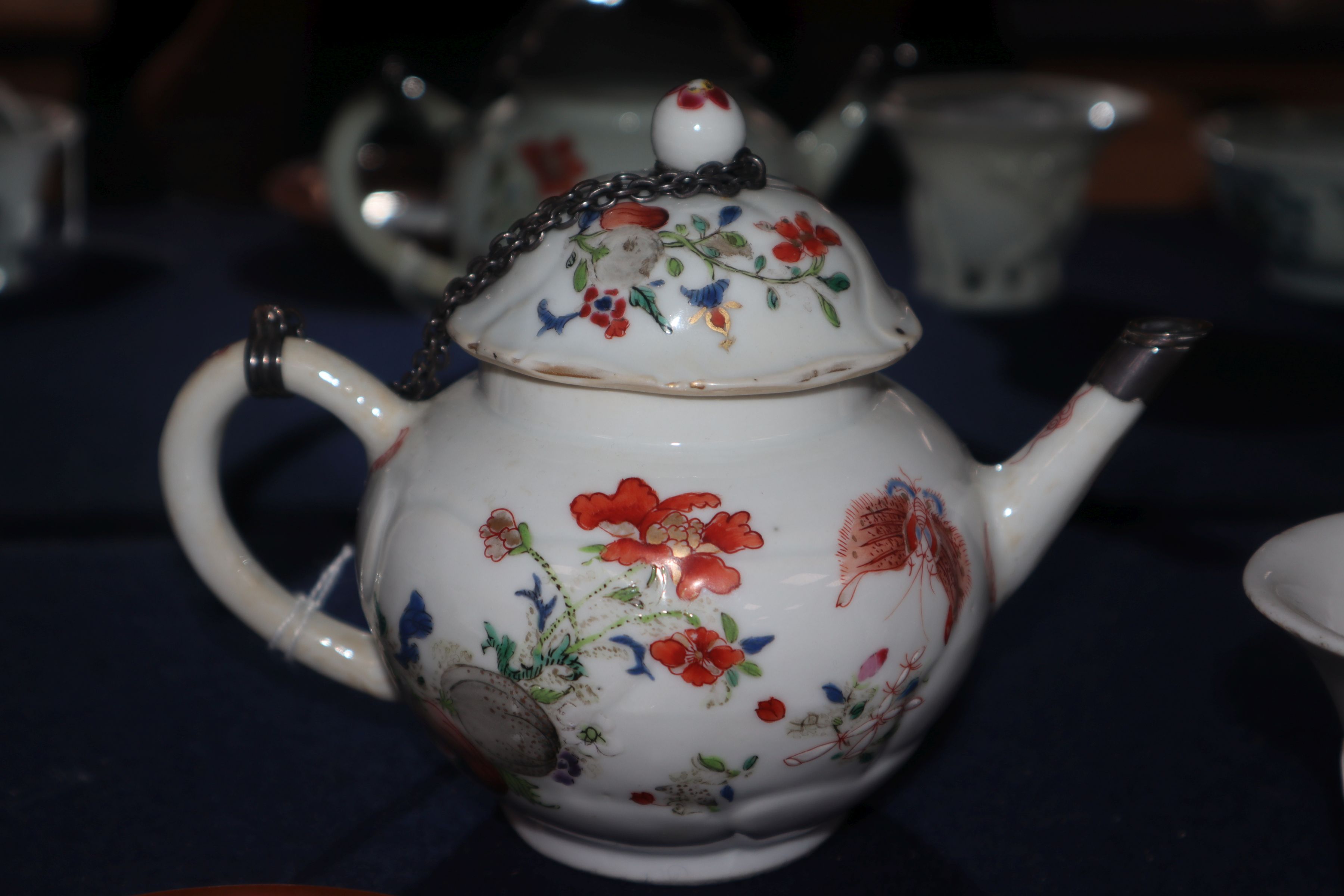 A Chinese famille rose teapot and cover, Qianlong, metal repair to spout, and a Batavia saucer - Image 6 of 9