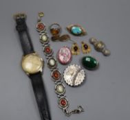 A pair of Victorian style 9ct gold and garnet earrings, a Girard Perregaux watch and minor