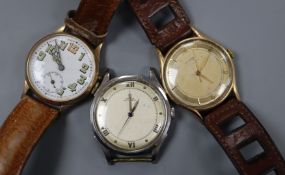 A Tissot gold wrist watch, one other 9ct gold wrist watch and an Omega stainless steel watch head.