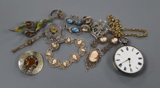 Two Scottish silver brooches, a silver pocket watch (a.f.) and other costume jewellery.