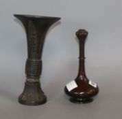 A Chinese Song-Yuan dynasty bronze garlic neck vase and a bronze gu vase tallest 23cm