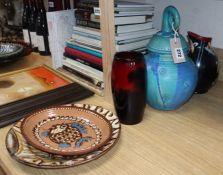 A Doulton flambe vase and four pieces of studio pottery