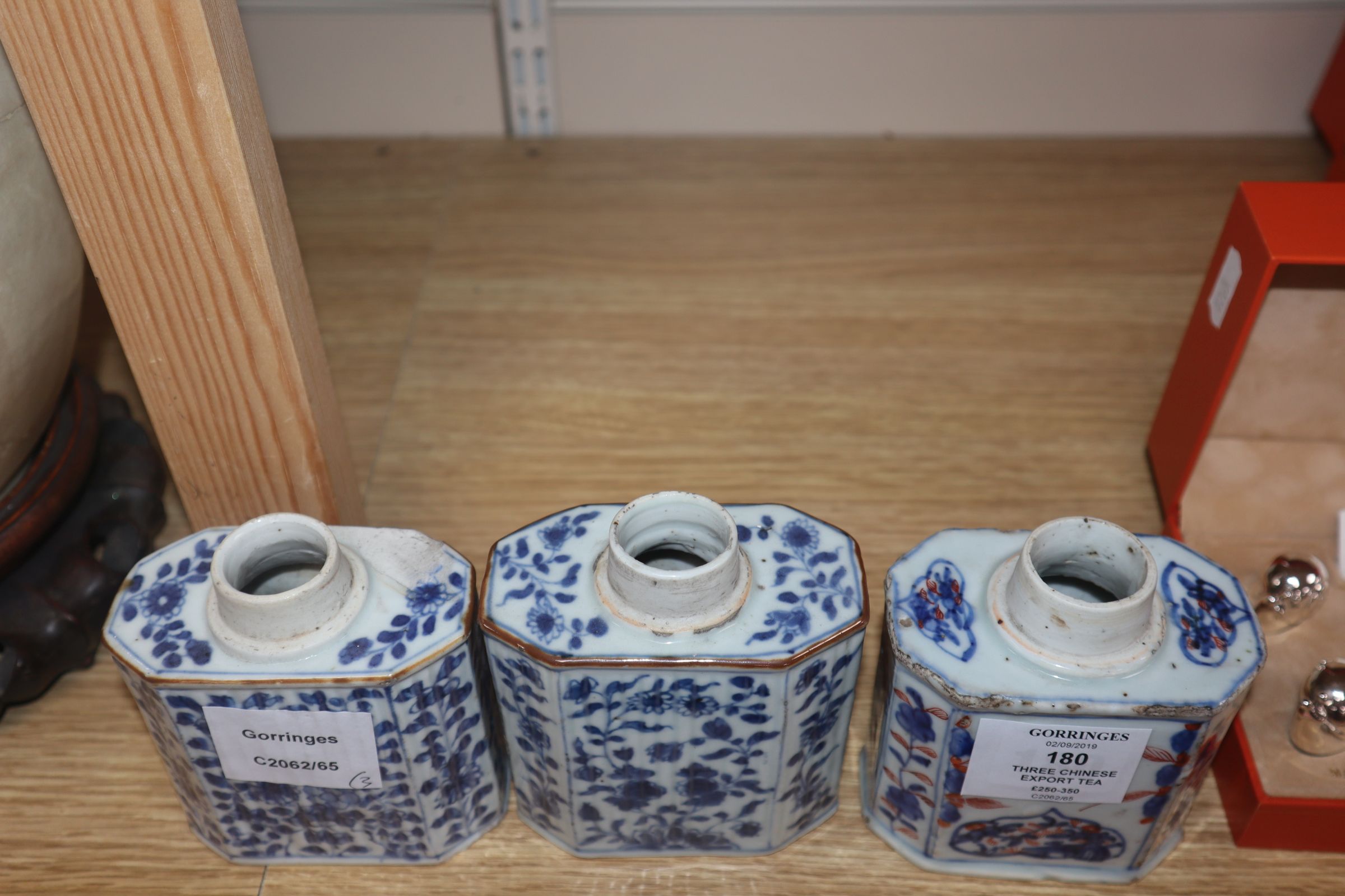 Three Chinese export tea caddies, Kangxi, two blue and white and one Imari palette - Image 3 of 16