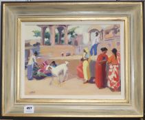 Lucy Pratt, oil on board, "Goats in Market Bundi", signed, Ainscough Contemporary Art label verso,