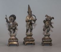 Three late Victorian Hanau? silver miniature figures of a jester, harlequin and imbiber, import