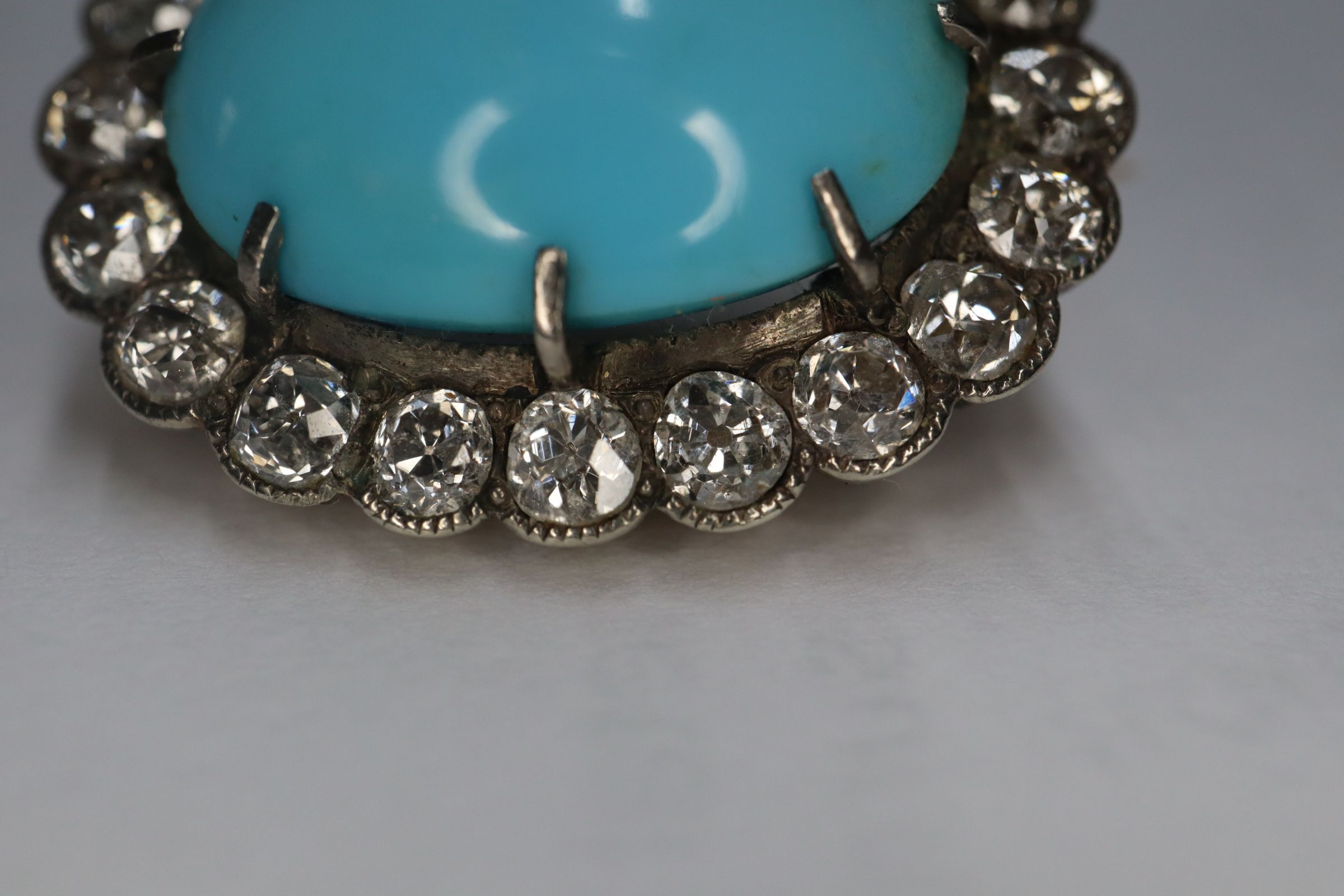 A Victorian yellow metal brooch, with oval turquoise cabochon surrounded by old-cut diamonds, 23mm. - Image 5 of 8