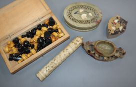 An ivory bodkin case, chess set etc