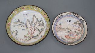 Two 18th century Canton enamel circular dishes largest diameter 21cm