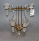 A Bohemian brass and glass lyre-shaped centrepiece