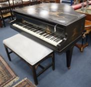 An early 20th century Challen chinoiserie lacquer baby grand piano and duet stool