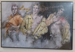 Three large framed and glazed coloured prints of youths, 85 x 54cm