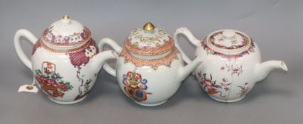 Three 18th century Chinese famille rose tea pots