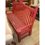 A red painted wooden garden bench W.205cm
