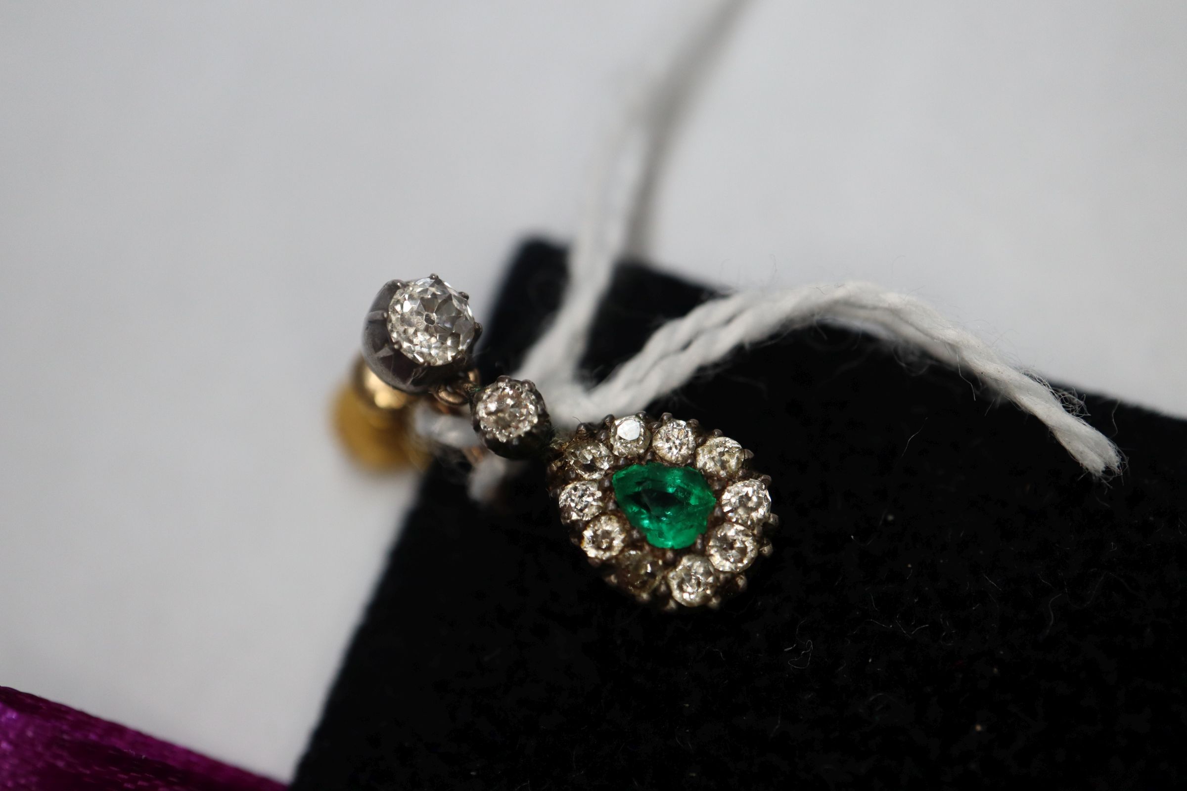 A pair of 19th century, yellow and white metal, emerald and diamond drop earrings, 17mm. - Image 7 of 10
