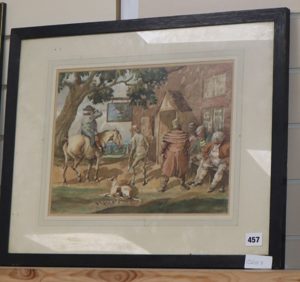 19th century English School, watercolour, Figures outside a tavern, indistinctly signed, 27 x 36cm