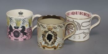 Three Wedgwood commemorative mugs including a 1953 Coronation example by Eric Ravilious and