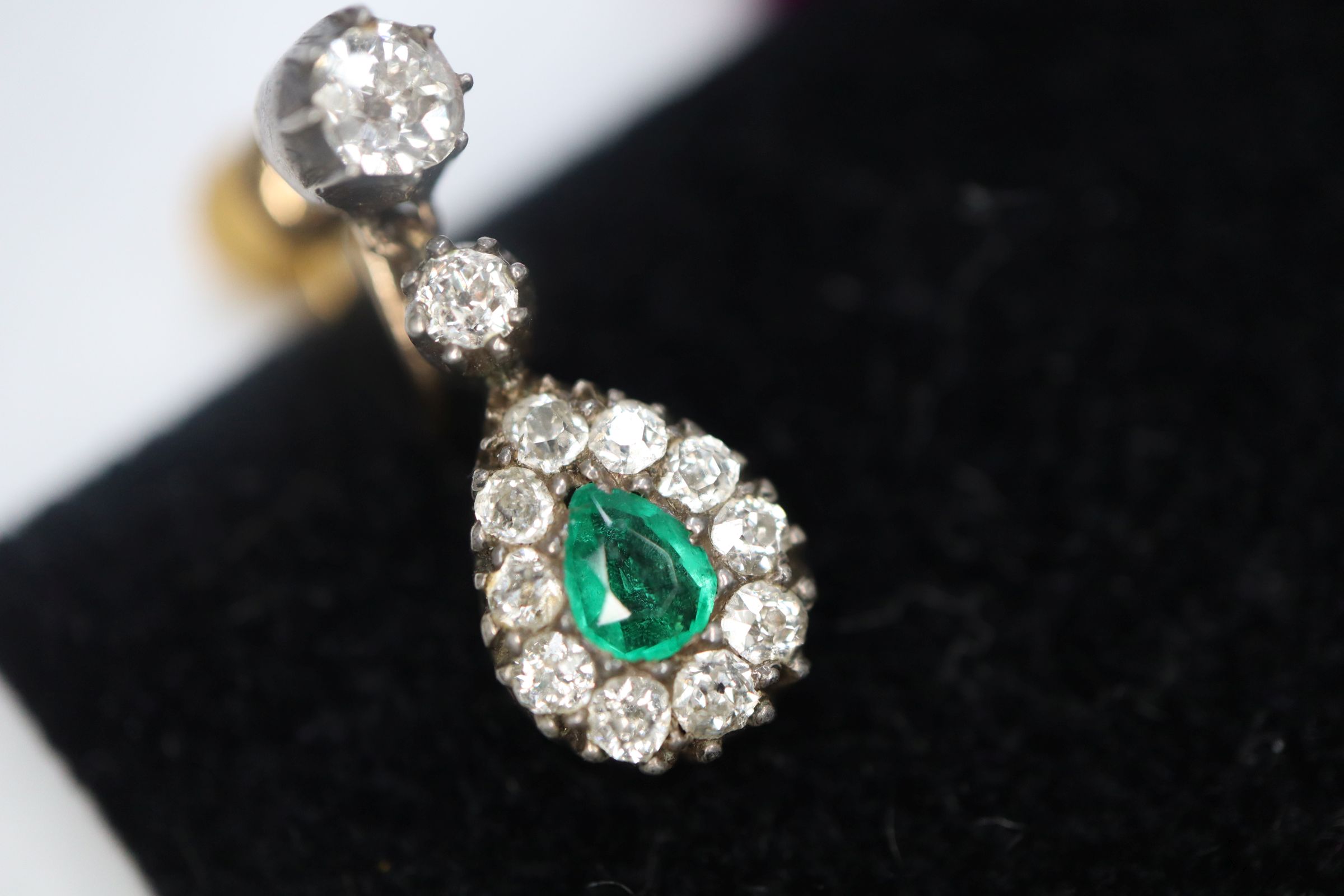 A pair of 19th century, yellow and white metal, emerald and diamond drop earrings, 17mm. - Image 3 of 10