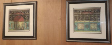 Four coloured architectural prints, framed and glazed