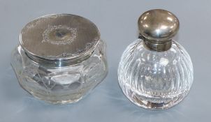 A modern silver mounted glass scent bottle and an 800 white metal mounted toilet jar.