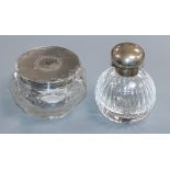 A modern silver mounted glass scent bottle and an 800 white metal mounted toilet jar.