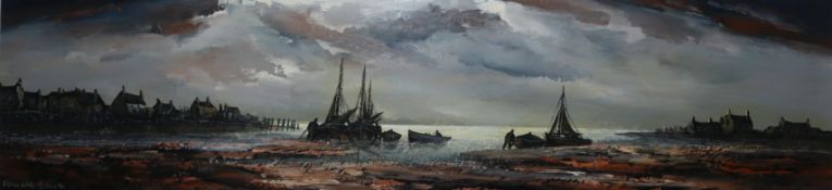 Edward Elliott, oil on board, Fishing boats in harbour at low tide, 30 x 122cm