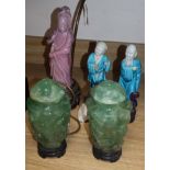 A pair of Chinese green quartz vases and covers, a pair of Chinese figures and a glass Guanyin