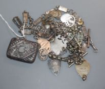 Mixed silver etc. including a vesta case, fob medallions, cufflinks and albertinas.