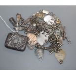 Mixed silver etc. including a vesta case, fob medallions, cufflinks and albertinas.