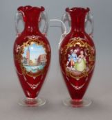 A pair of hand painted Venetian glass vases height 24.5cm