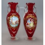 A pair of hand painted Venetian glass vases height 24.5cm