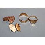 A pair of 9ct gold cufflinks, a 9ct gold wedding band and a 9ct gold signet ring.