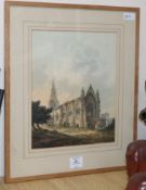 James Bourne (1773-1854), View of an Abbey with figures, signed, watercolour (possibly ex-Abbott &