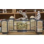 An Art Deco grey and cream marble clock garniture, with figural surmount height 34.5cm