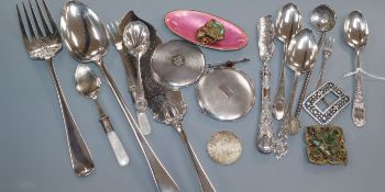 Assorted small silver, including compacts, Danish dish and flatware, including plated and minor