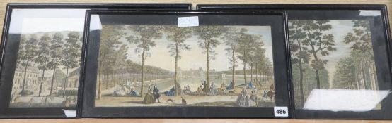 Three 18th century coloured engravings, Views of Versailles, largest 22 x 28cm