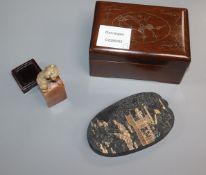 A Chinese hongmu and silver wire box, an ink cake and a soapstone seal Provenance - The owner and