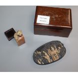 A Chinese hongmu and silver wire box, an ink cake and a soapstone seal Provenance - The owner and