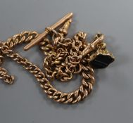 A 9ct. gold curb link watch chain, in two parts, with a yellow metal and agate fob seal, gross 44