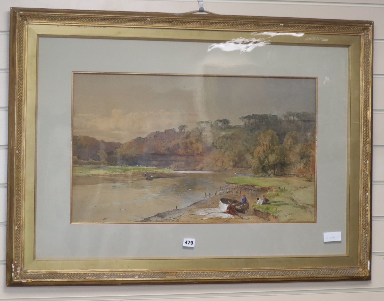 Charles Branwhite, watercolour, Fishermen in a river landscape, signed and dated 1868, 39 x 66cm