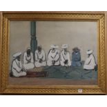 Rashida Eli, oil on canvas, "Seven Seated Men", signed, Odon Wagner Gallery label verso, 72 x 98cm