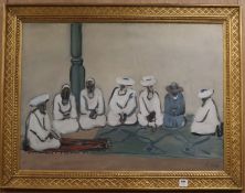 Rashida Eli, oil on canvas, "Seven Seated Men", signed, Odon Wagner Gallery label verso, 72 x 98cm