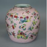 A Chinese pink ground famille rose jar, lacking cover, 18th/19th century, height 18cm