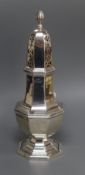 A George V silver octagonal sugar caster, London, 1912, 18.5cm, 122 grams.