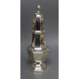 A George V silver octagonal sugar caster, London, 1912, 18.5cm, 122 grams.